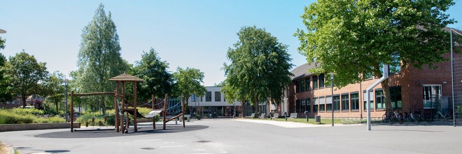 Schulhof der Eider Trenne Schule Tönning mit Bäumen, Klettergerüst und dem Schulgebäude im Hintergrund