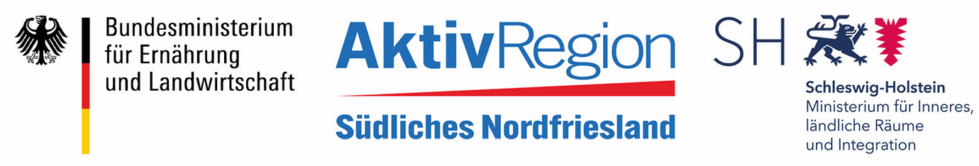 Logos vom Bundesministerium für Ernährung und Landwirtschaft; der AktivRegion Südliches Nordfriesland; dem Ministerium für Inneres, ländliche Räume und Integration SH