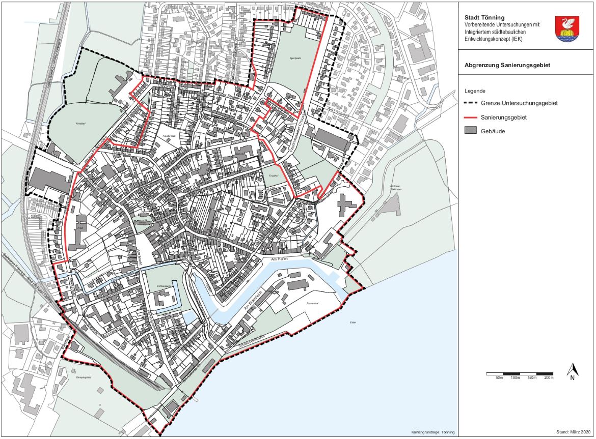 Stadtplan Tönning mit eingezeichnetem Sanierungsgebiet